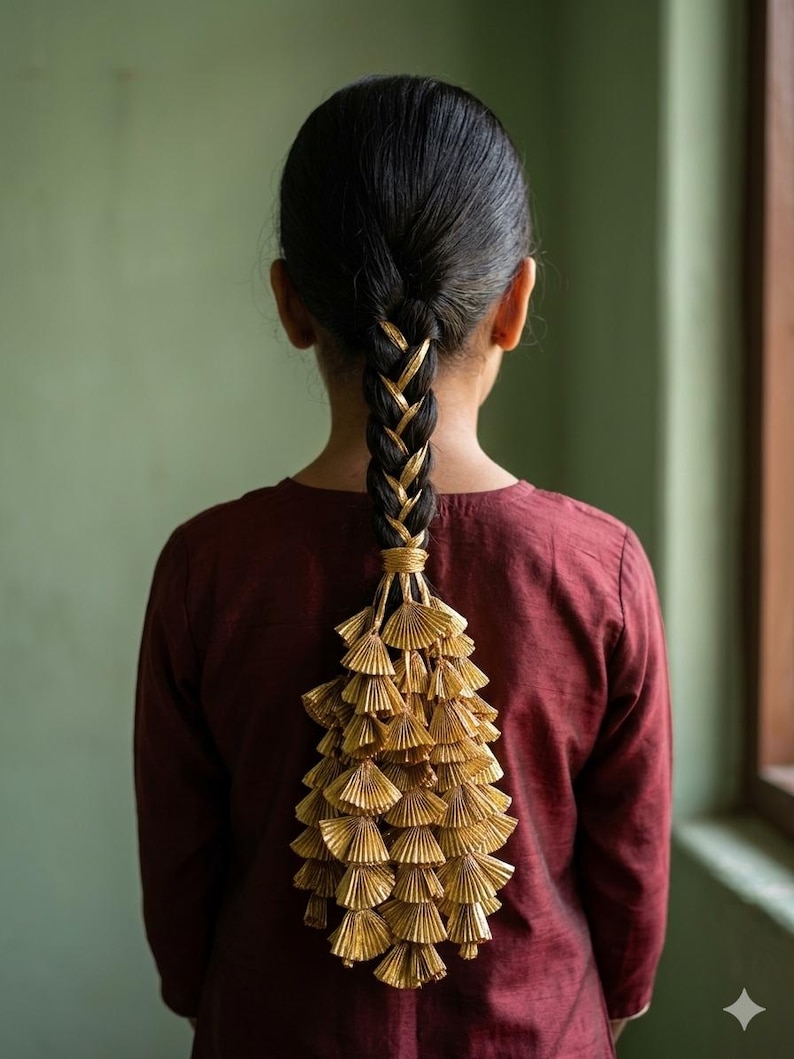 May include: A person with dark hair styled in a braid with gold accents and a decorative gold tassel. The person is wearing a maroon shirt, and the background is a muted green.