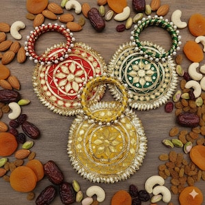 May include: Three round, embroidered purses in red, green, and yellow, each with a beaded handle. The purses are decorated with gold thread and surrounded by dried fruits and nuts on a wooden surface.