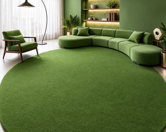 Luxury Round Green Area Rug Modern Minimalist Solid Plush Living Room Bedroom Carpet Decor