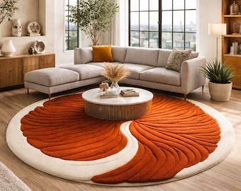 Handmade Tufted Abstract Round Rug, Burnt Orange Cream Wool Carpet, Luxury Statement Decor
