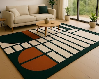 May include: A modern area rug with a geometric design in dark green, cream, and rust-orange. The rug features a large, curved shape and rectangular patterns, adding a contemporary touch to the living room.