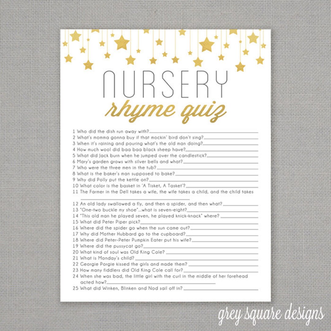 Nursery Rhyme Quiz Baby Shower Game Gold Stars Etsy