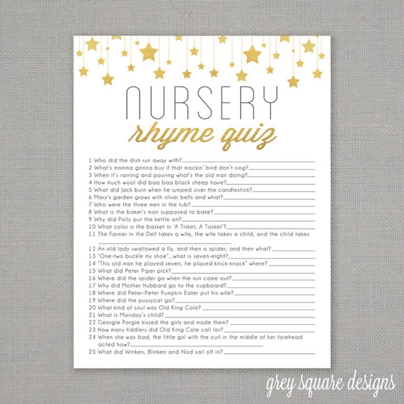 Nursery Rhyme Quiz Baby Shower Game Gold Stars Etsy