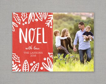 Christmas card // noel // red // white // modern // hand drawn // bold // holiday card // foliage // holly berry // pine