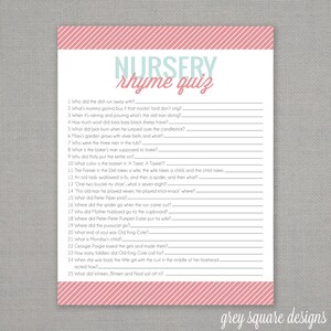 Nursery Rhyme Quiz - Baby Shower Game
