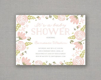 Baby Shower Invitation // Girl // Bloom // Floral // Pink + Green // Spring // Flowers