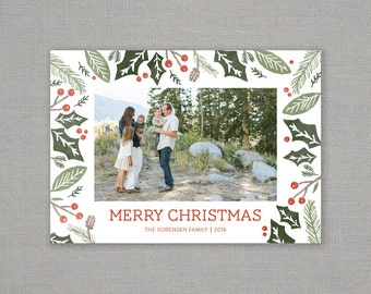 Christmas card // be merry // holiday foliage // holly berry // pinecone // mint // teal // pine  // traditional // red green