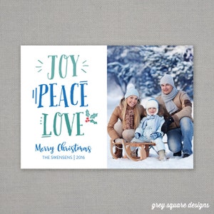 Cartolina di Natale - gioia pace amore / / blues / / fun / / funky / / non tradizionali / / holly berry / / teal / / photo / / vacanze / / scheda / / mint