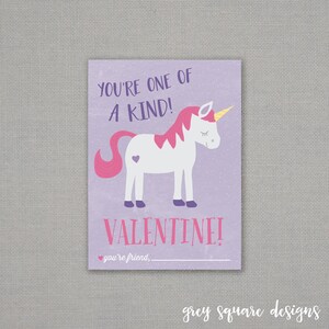 Classroom Valentine - Unicorn - Unicorn Valentine - Printable - One Of A Kind - Girls - Purple - Pink