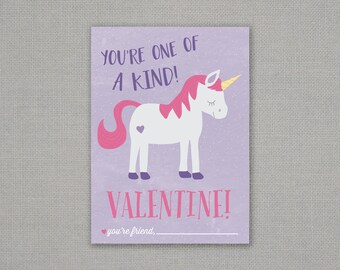 Classroom Valentine - Unicorn - Unicorn Valentine - Printable - One Of A Kind - Girls - Purple - Pink