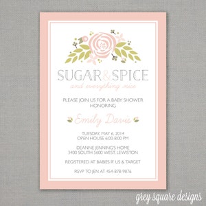 Invitation de douche de bébé / / fille / / de sucre et d'épices / / Floral / / rose + vert