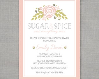 Baby Shower Invitation // Girl // Sugar and Spice // Floral // Pink + Green