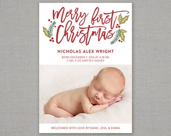 Christmas card birth announcement // baby first Christmas // holiday card // holly berry // babies first Christmas // merry first Christmas