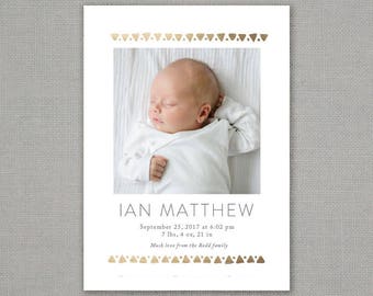 birth announcement // modern // baby // gender neutral // boy // girl // hipster // tribal // triangles // pattern // gold foil