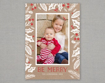 Christmas Card - Be Merry - Kraft Holiday Foliage // Kraft paper // Holiday Card // Holly Berry // Red // White // Classic // Pine