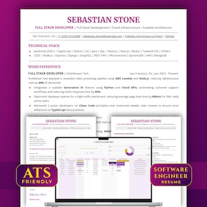 May include: A software engineer's CV for Sebastian Stone, with a clean design in purple and white. It details technical skills, work history, and projects. A laptop shows a career dashboard. Text on the image reads "ATS Friendly" and "Software Engineer Resume."