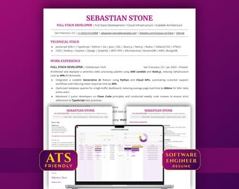 Paquete de currículums compatibles con Google Docs y ATS para ingenieros de software / Plantilla de CV moderna para profesionales de informática / Seguimiento de solicitudes de empleo