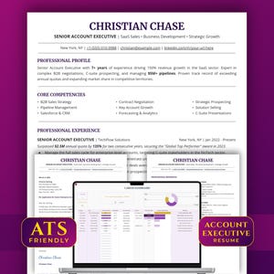 May include: A resume for a Senior Account Executive named Christian Chase, with a laptop displaying a career dashboard. The resume highlights experience, core competencies, and professional experience. The text "ATS Friendly" is visible.