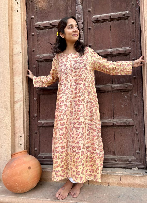 Handprinted Balloon Dress - Butterfly & Dragonfly Print - Boho Cotton Dress - Summer Blockprint Clothing - Artisan Handmade