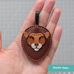 Lion head leather keychain pattern, Detailed Leo face with large mane leathercraft bag charm DIY, Printable A4 and Letter size PDF template