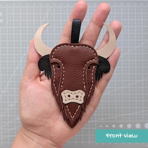 Big Bison head leather keychain pattern, Buffalo Wisent Zubr leathercraft bag charm DIY, Printable A4 and Letter size PDF template