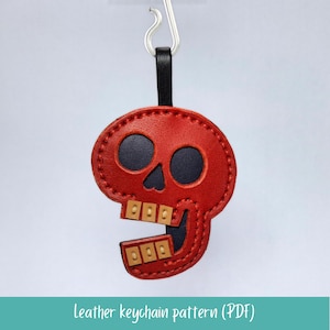 Skull with open mouth and teeth leather keychain pattern, Rock-n-roll leathercraft bag charm DIY, Printable A4 and Letter size PDF template