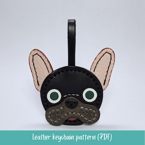 フレンチブルドッグの頭のレザーキーホルダーの型紙、子犬のペットの顔のレザークラフトバッグチャームDIY、印刷可能なA4およびレターサイズのPDFテンプレート