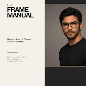 May include: A digital guide titled The Frame Manual, Haircut, Beard & Glasses Selector for Men, Version 1.0. The text includes instructions to observe starting conditions, filter practical options, and compare viable directions. A portrait shows a person wearing black-rimmed glasses.
