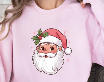 Pink Santa Retro Christmas Sweatshirts for Women, Pink Vintage Holiday Crewneck Group Party tshirt, Pink Christmas Matching Family Sweaters