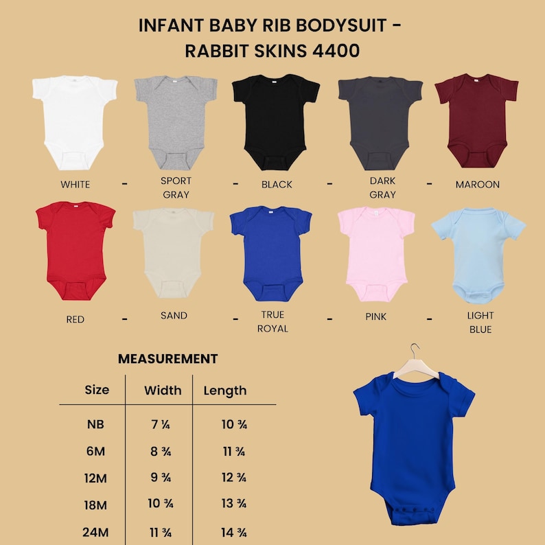 May include: A variety of infant baby rib bodysuits in multiple colors, including white, gray, black, and red. The image displays the Rabbit Skins 4400 model, with a size chart showing measurements in inches. A blue bodysuit hangs on a hanger.