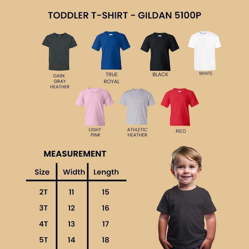 May include: A selection of toddler t-shirts in various colors, including dark gray, true royal blue, black, white, light pink, athletic heather gray, and red. The image also includes a size chart with measurements in inches for width and length.