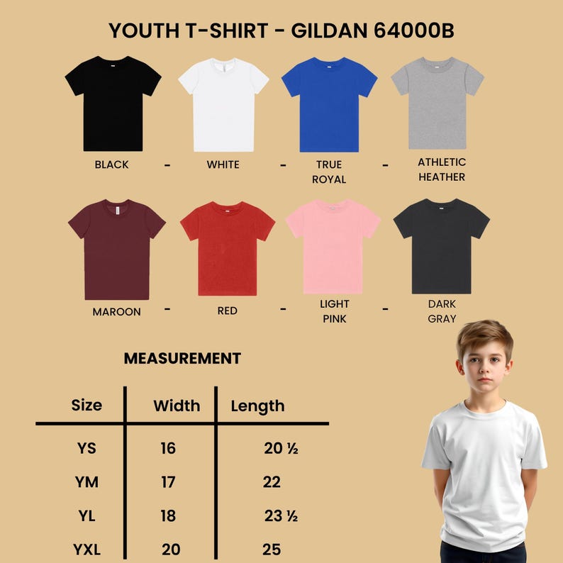 May include: A variety of youth t-shirts in different colors, including black, white, true royal, athletic heather, maroon, red, light pink, and dark gray. The image also includes a size chart with measurements in inches for width and length.