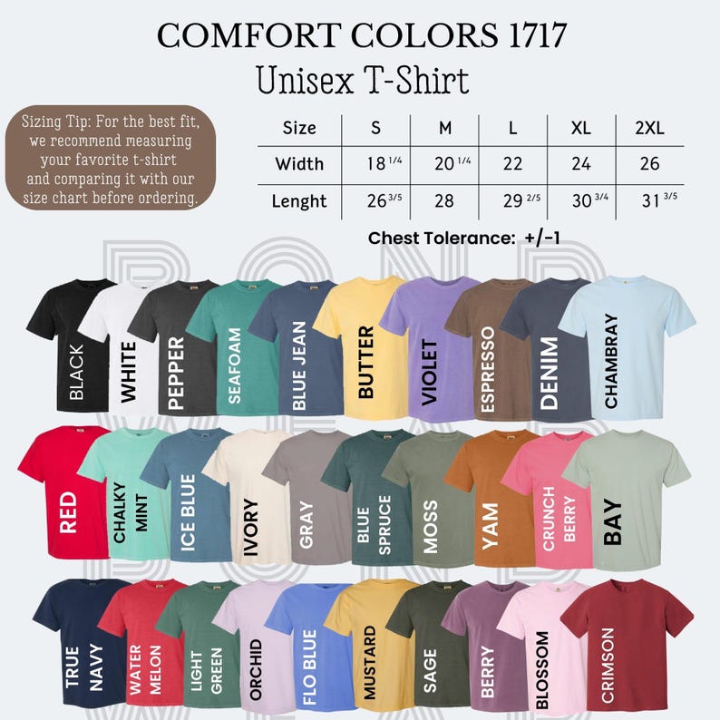 May include: A selection of Comfort Colors 1717 unisex t-shirts in a variety of colours, such as black, white, and red. The image includes a size chart with measurements in inches and a sizing tip. The t-shirts are arranged in rows, showcasing a wide range of hues.