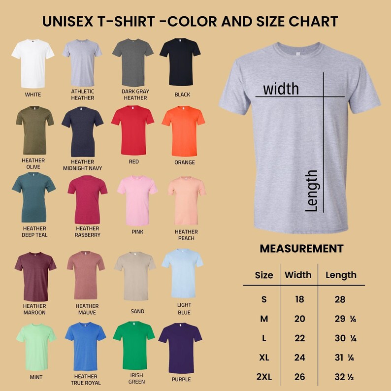 Puede incluir: Una tabla de colores y tallas para camisetas unisex. La tabla muestra varios colores de camisetas, incluyendo blanco, negro, rojo y azul. Las medidas se proporcionan en cent&iacute;metros para el ancho y el largo, desde la talla S hasta la 2XL.