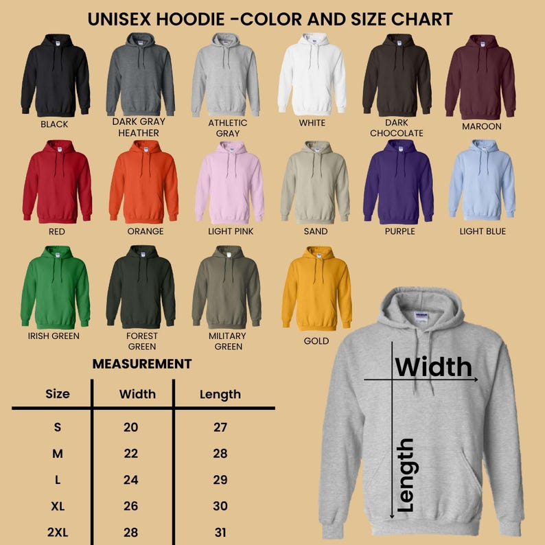 Puede incluir: Una tabla de colores y tallas para sudaderas con capucha unisex. La tabla muestra varios colores de sudaderas con capucha, incluyendo negro, gris, blanco, rojo, naranja y verde. Se proporcionan medidas de ancho y largo, con tallas que van de la S a la 2XL. El texto "UNISEX HOODIE - COLOR AND SIZE CHART" est&aacute; en la parte superior.