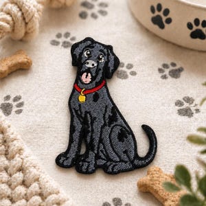 May include: Embroidered patch of a black Labrador Retriever dog with a red collar and gold tag. The dog is sitting with its tongue out. The patch is on a white surface with paw print designs and dog toys.