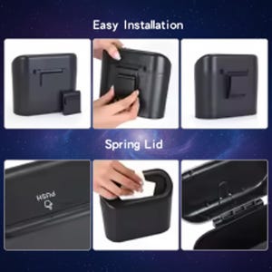 May include: A black car trash bin with a spring lid. The image shows the bin's easy installation and spring lid features. The text "Easy Installation" and "Spring Lid" are visible. The bin is shown with a push button and a small square piece.