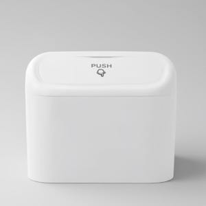 May include: A white, rectangular waste bin with rounded corners. The top of the bin has the word "PUSH" printed in gray, along with a bell icon. The bin is made of a smooth, solid material.