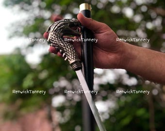 Dragon Head Walking Stick Red Eye Dragons Cane Vintage Wooden Staff Father's Cane - Gift for Father - Custom Men's Cane