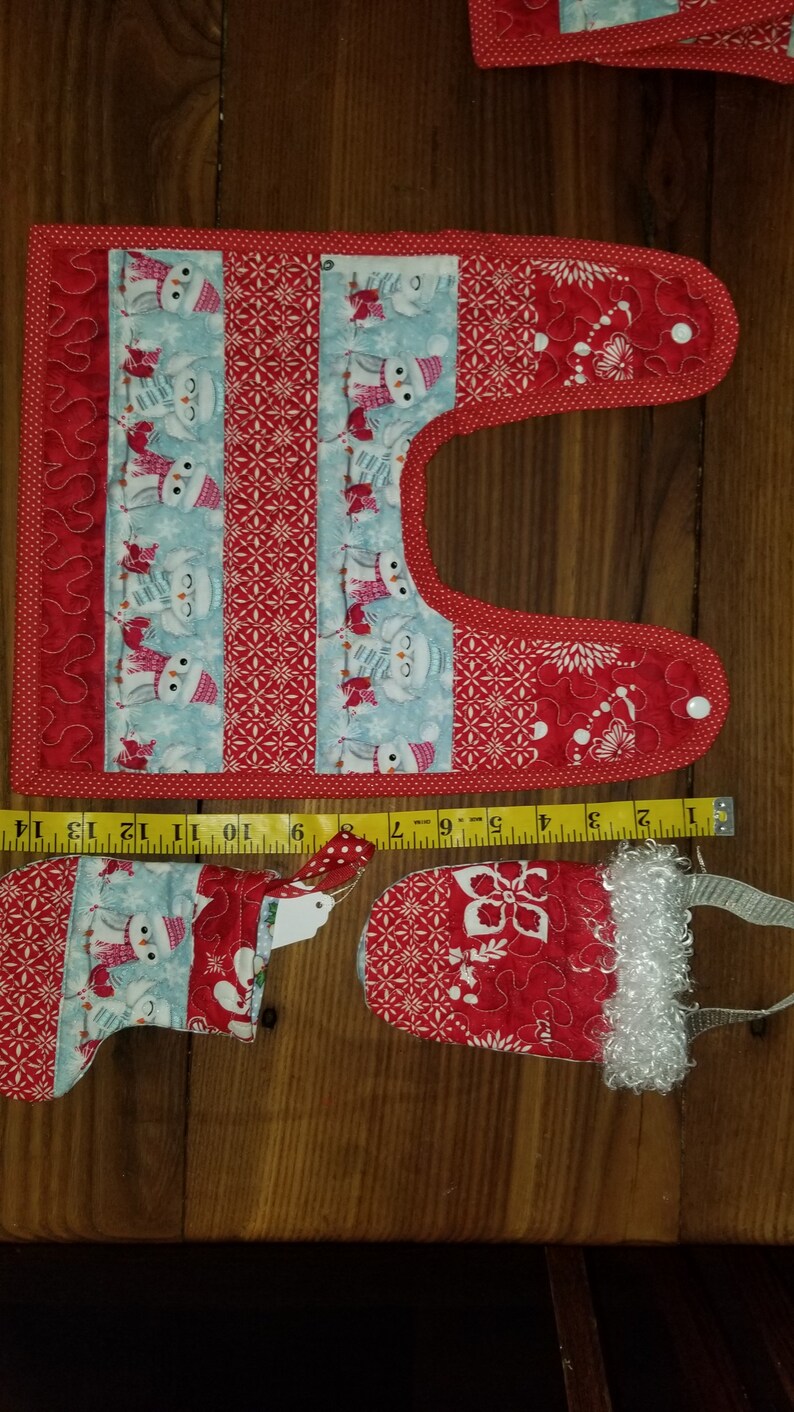 pieced quilted winter bib and stocking and bag