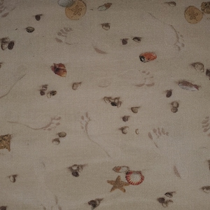 Landscape Melody foot prints on the beach for Elizabeth studios cotton quilt fabric sea shells, sand, pearls, ocean beach