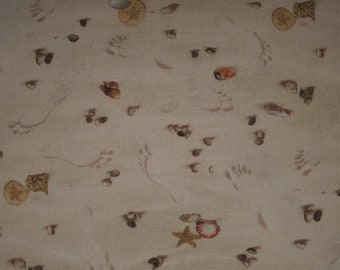 Landscape Melody foot prints on the beach for Elizabeth studios cotton quilt fabric sea shells, sand, pearls, ocean beach