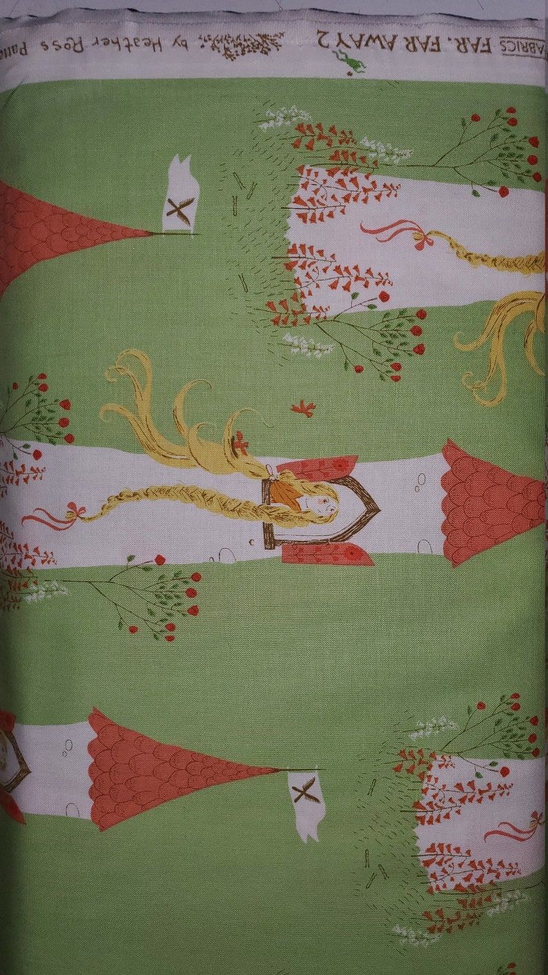 Far Far Away 2 by Heather Ross for Windham fabrics princess in tower on green background cotton quilting fabric