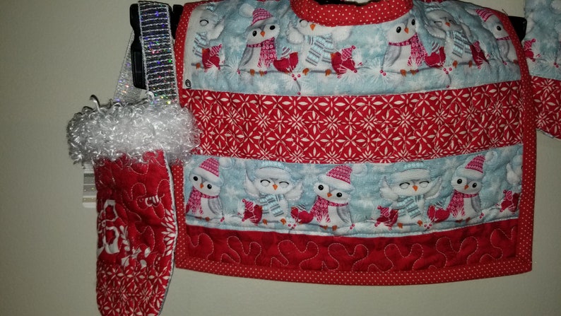 pieced quilted winter bib and stocking and bag