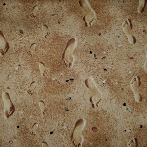 Landscape Melody foot prints on the beach for Elizabeth studios cotton quilt fabric sea shells, sand, pearls, ocean beach