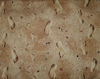 Landscape Melody foot prints on the beach for Elizabeth studios cotton quilt fabric sea shells, sand, pearls, ocean beach