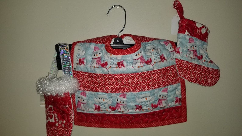 pieced quilted winter bib and stocking and bag