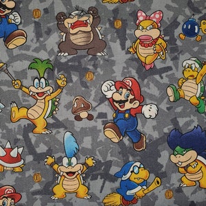 Super Mario World print grey back ground From Springs Fabrics Licensed Print cotton quilt fabric Mario, Luigi, princess, Nintendo