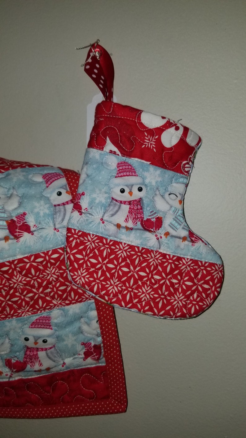 pieced quilted winter bib and stocking and bag