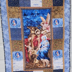 Nativity Manger scene with Jesus, Mary, Joseph Quilt made with cotton Christmas quilt panel , gift, couch quilt wall hanging Agape